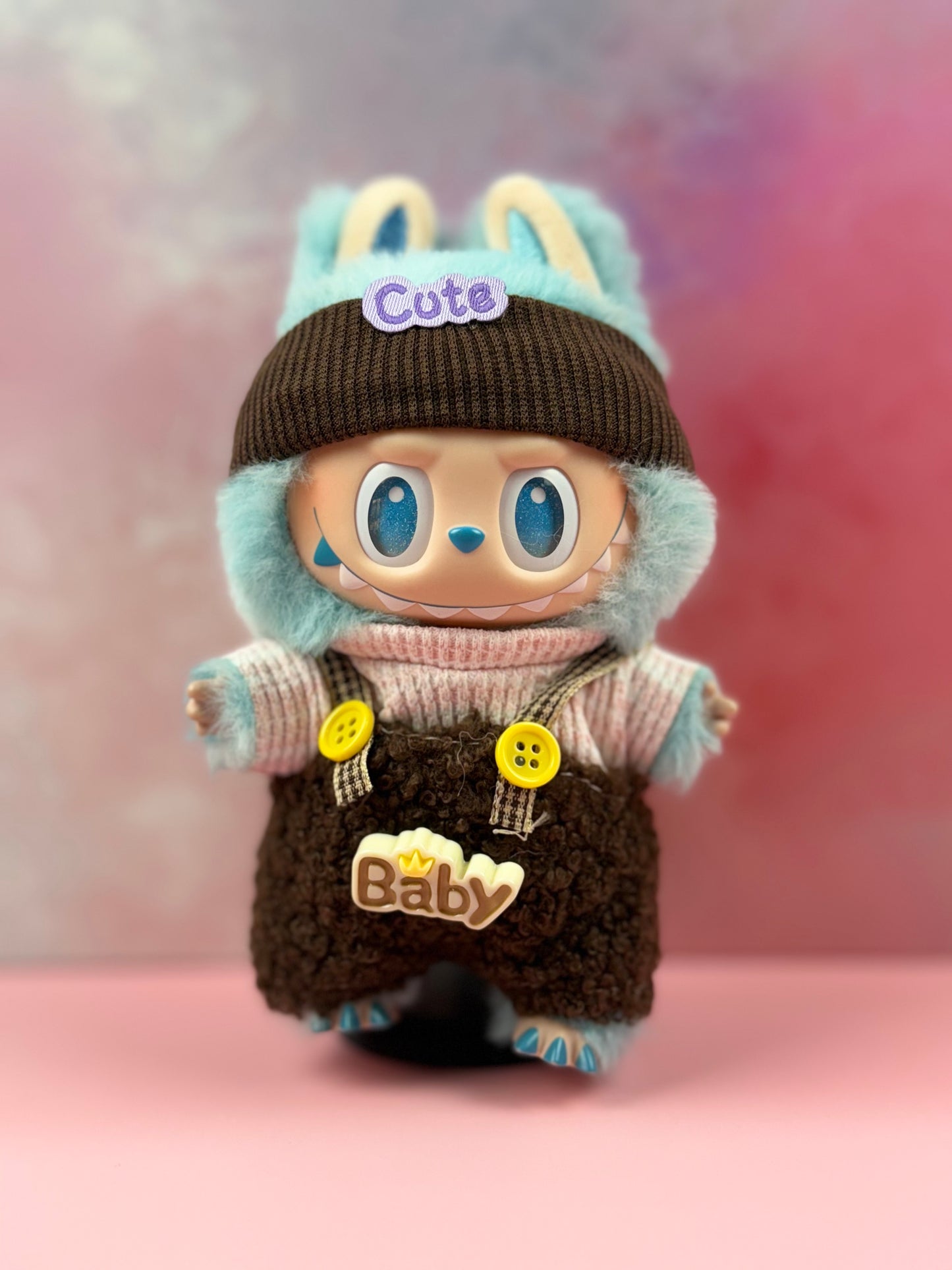 Aqua‑Bunny Hood & Brown Sherpa Overalls