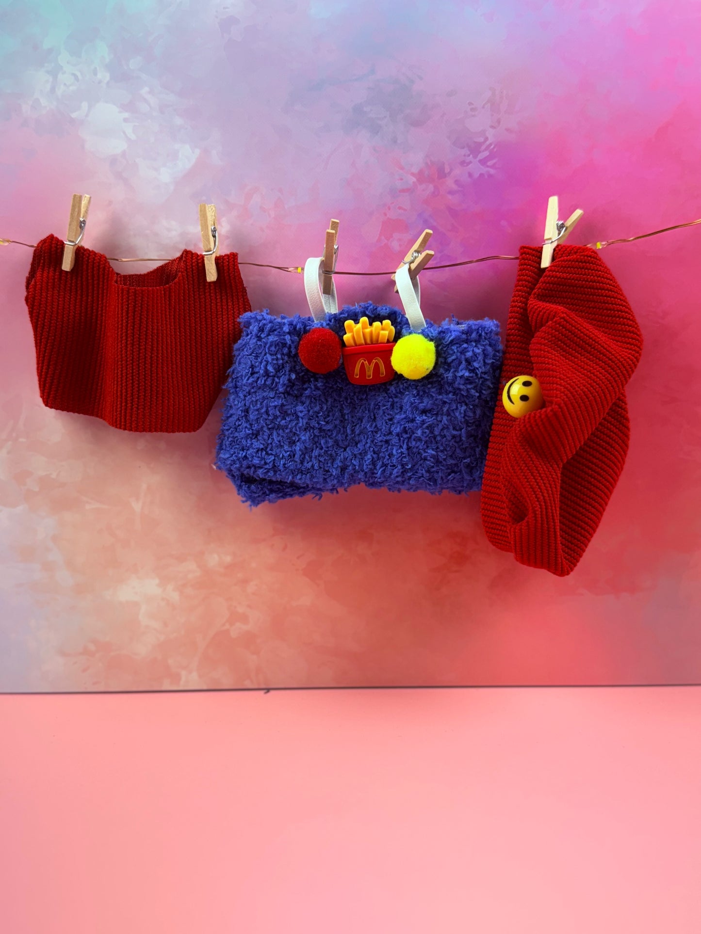 Slanted Red Cap & McFries Pom‑Pom Overalls