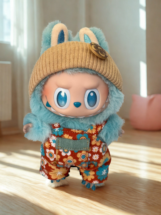 Labubu Clothes - Retro Florals Overall & Knit Beanie