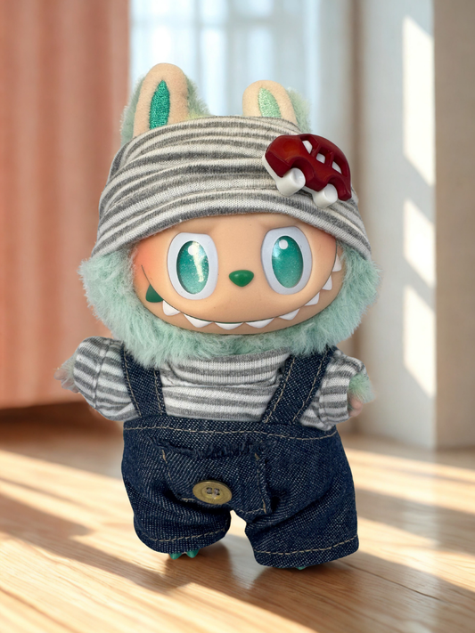 Labubu Clothes - Striped Headband + Denim Dungarees