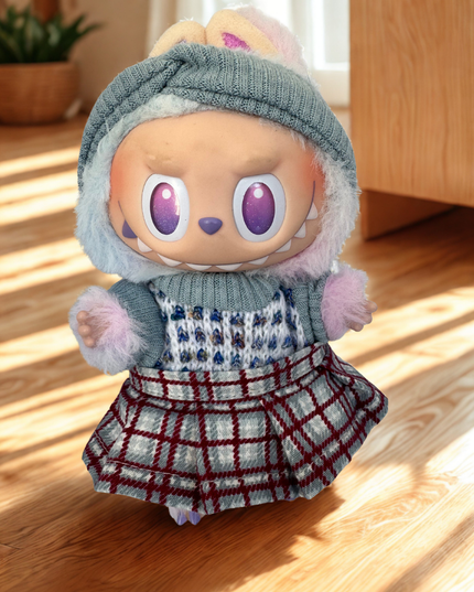 Labubu Clothes - Cozy Knit Vest & Plaid Skirt