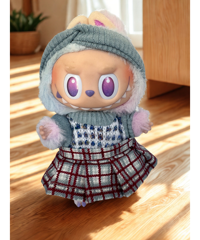 Labubu Clothes - Cozy Knit Vest & Plaid Skirt