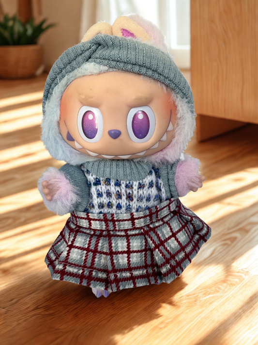 Labubu Clothes - Cozy Knit Vest & Plaid Skirt