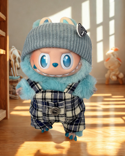 Labubu Clothes - Monochrome Houndstooth Overalls