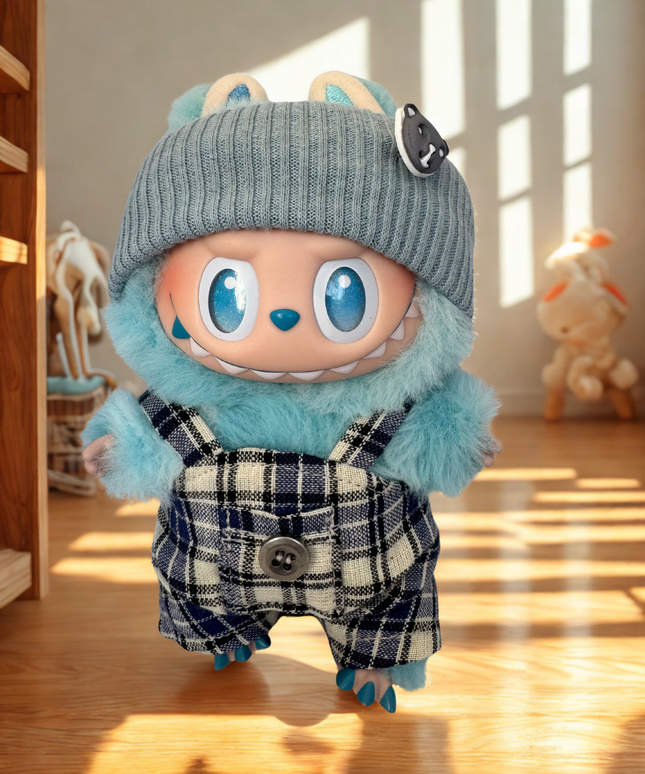 番号08｜SKULLPANDA用着せ替え服｜ディズニー・Labubu対応 Labubu Clothes - Monochrome Houndstooth Overalls – Panda Pop SA