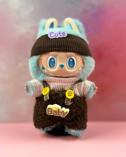 Aqua‑Bunny Hood & Brown Sherpa Overalls