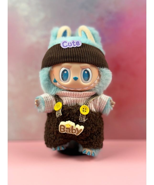 Aqua‑Bunny Hood & Brown Sherpa Overalls