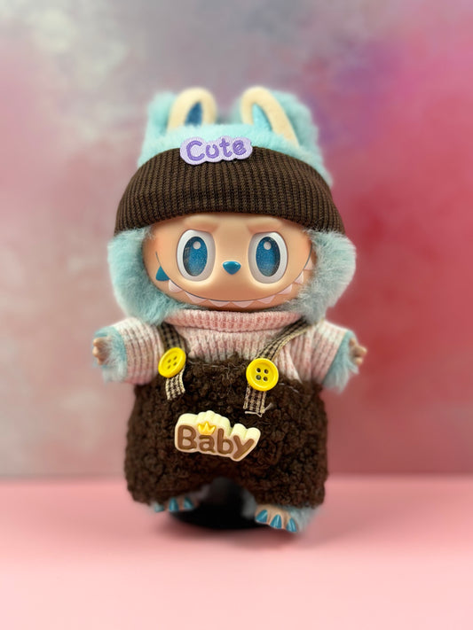 Aqua‑Bunny Hood & Brown Sherpa Overalls