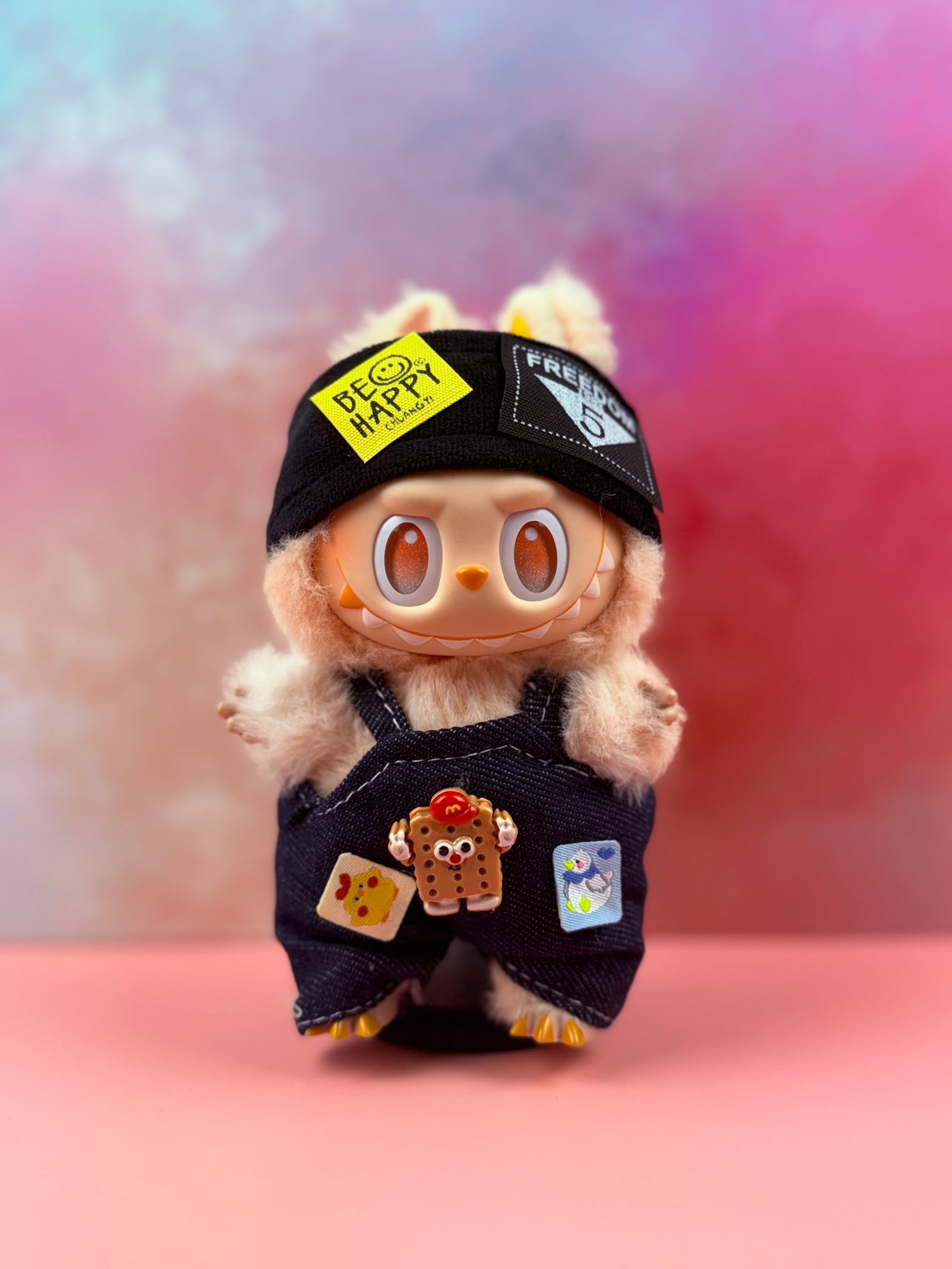 Peach‑Fur Body in Patch‑Adorned Denim