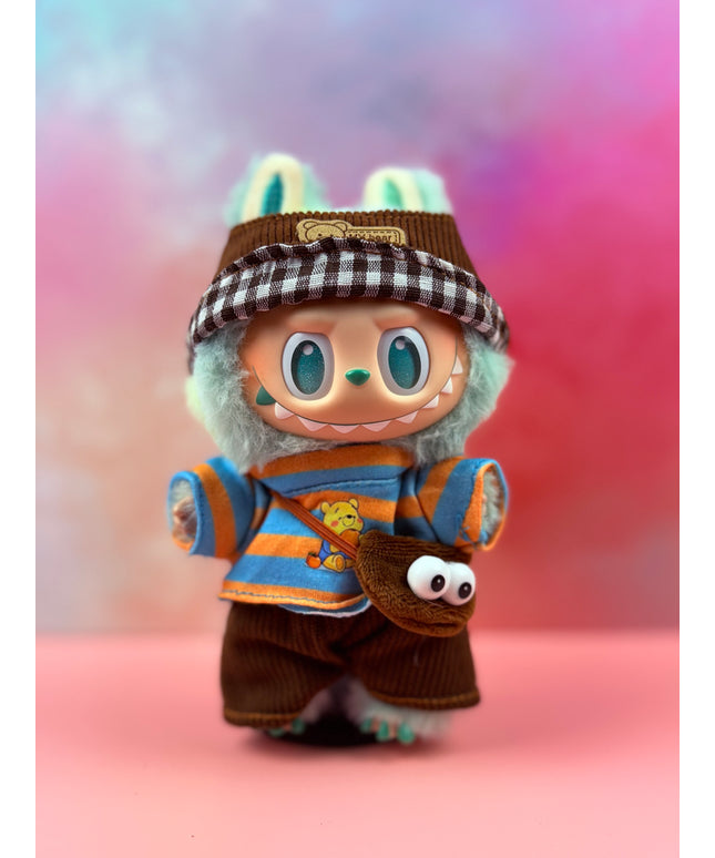 Gingham‑Brim Visor & Pooh‑Stripe Corduroy