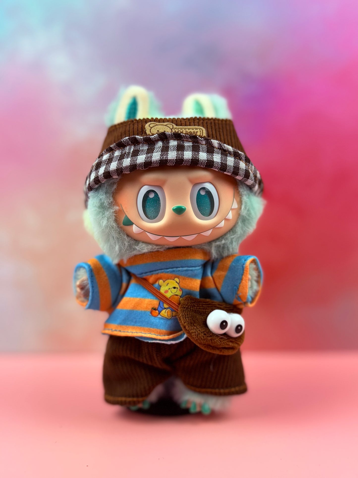 Gingham‑Brim Visor & Pooh‑Stripe Corduroy
