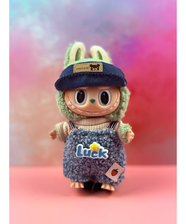 Mebear Denim Visor & Bouclé “Luck” Overalls