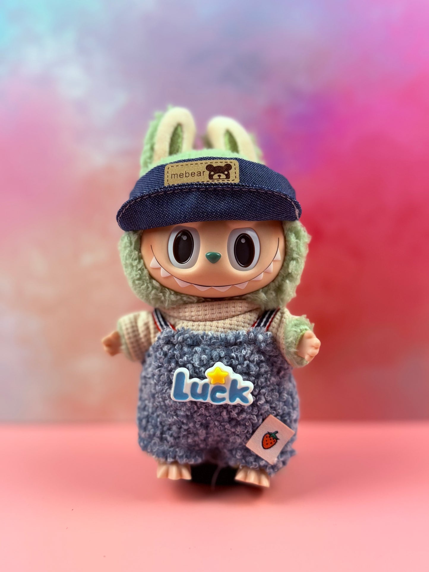 Mebear Denim Visor & Bouclé “Luck” Overalls