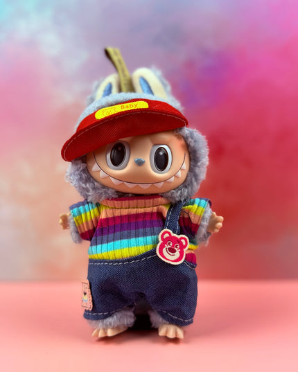 Side‑Slanted Baby Cap & Rainbow Rib Dungarees