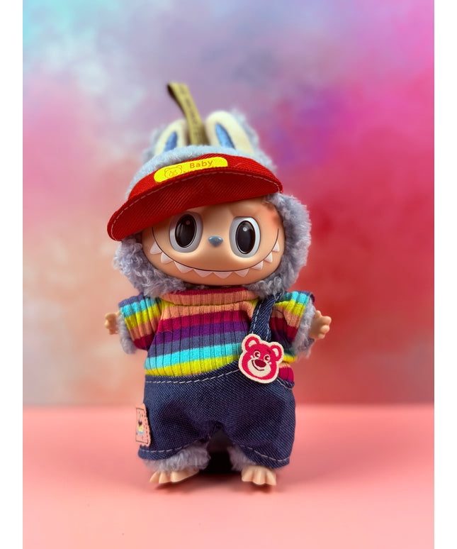 Side‑Slanted Baby Cap & Rainbow Rib Dungarees