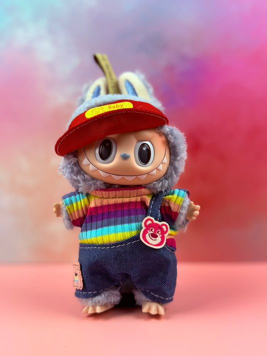 Side‑Slanted Baby Cap & Rainbow Rib Dungarees