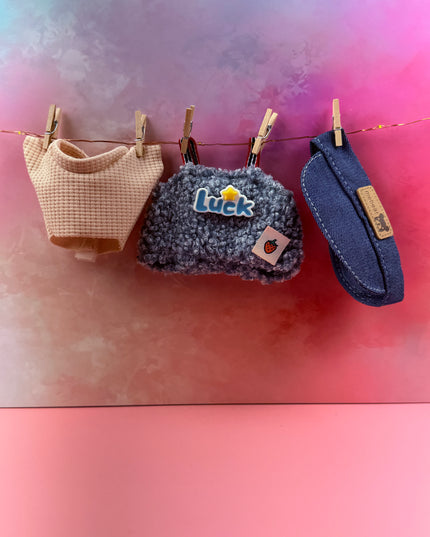 Mebear Denim Visor & Bouclé “Luck” Overalls