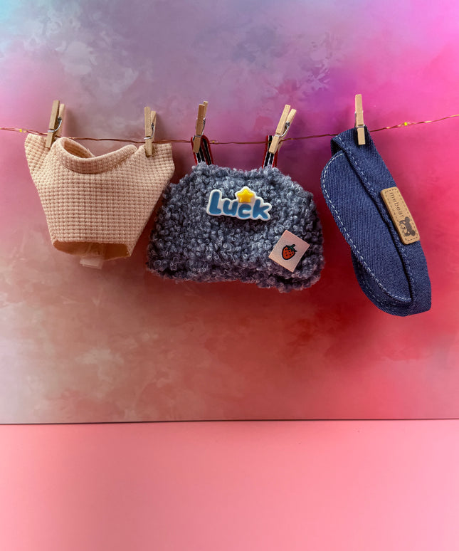 Mebear Denim Visor & Bouclé “Luck” Overalls