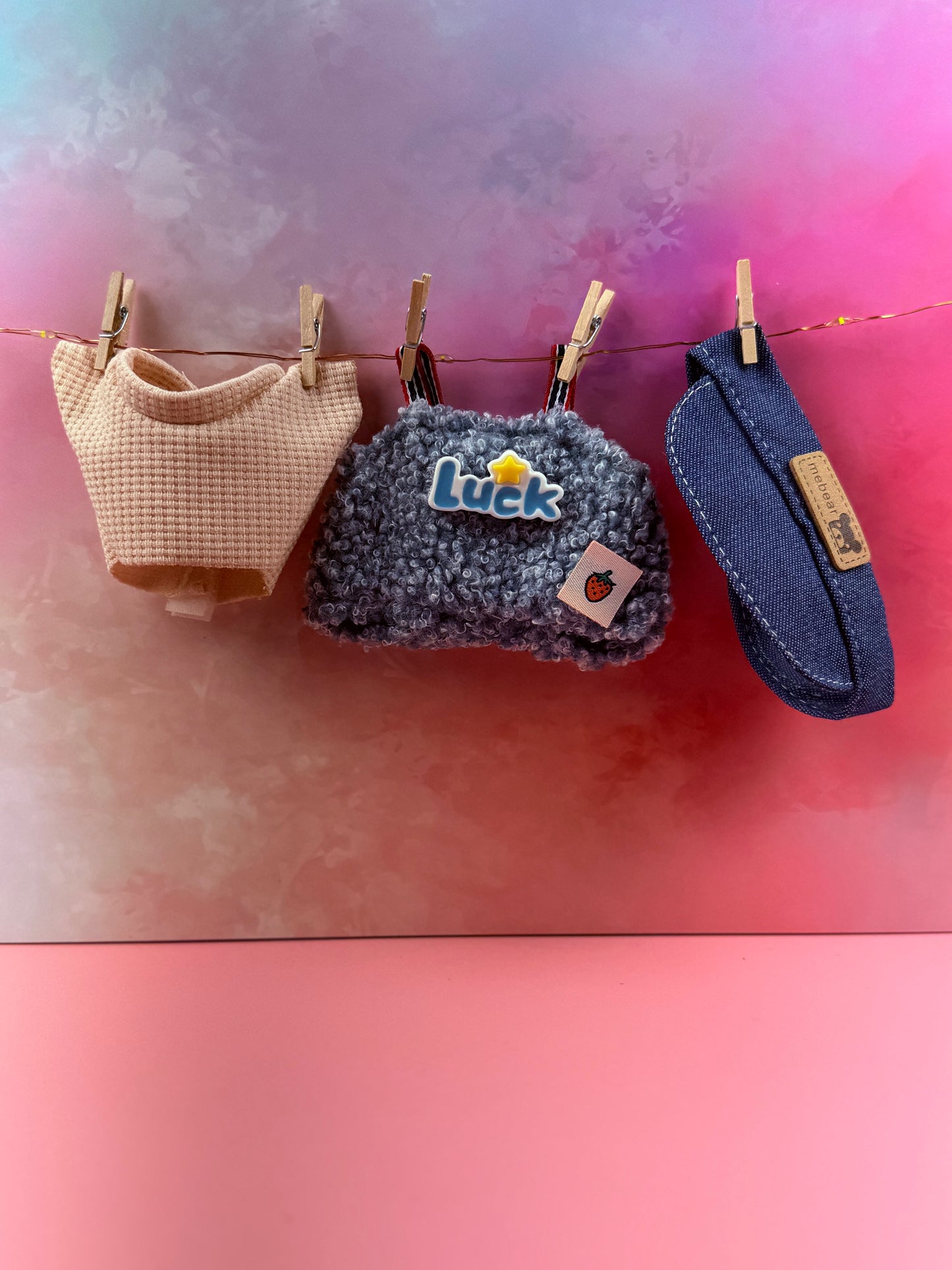Mebear Denim Visor & Bouclé “Luck” Overalls