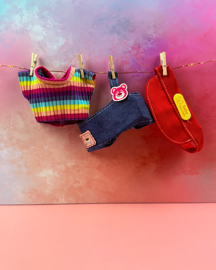 Side‑Slanted Baby Cap & Rainbow Rib Dungarees