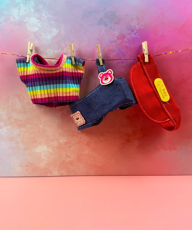 Side‑Slanted Baby Cap & Rainbow Rib Dungarees
