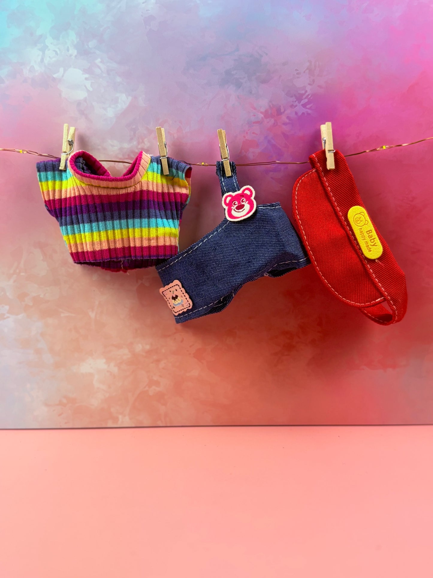 Side‑Slanted Baby Cap & Rainbow Rib Dungarees