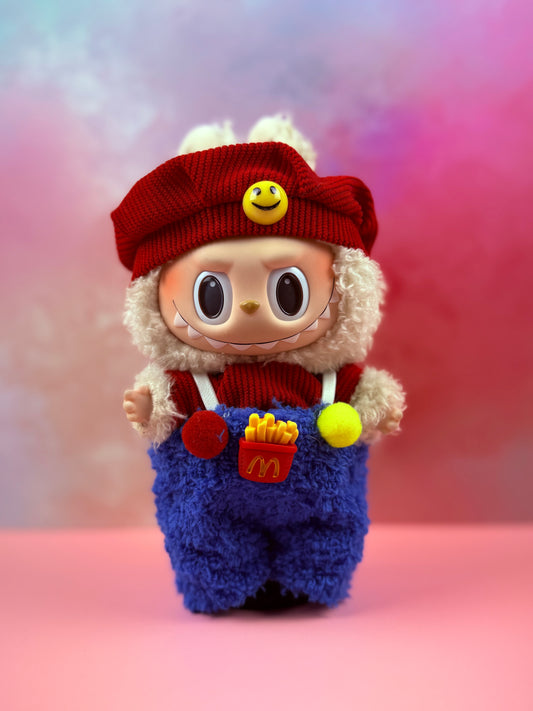 Slanted Red Cap & McFries Pom‑Pom Overalls