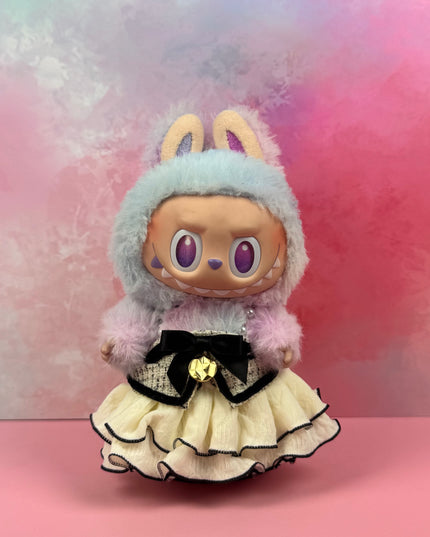 Elegant Belle – 20cm Labubu Outfit (Bunny Hood + Cream Ruffle Skirt)