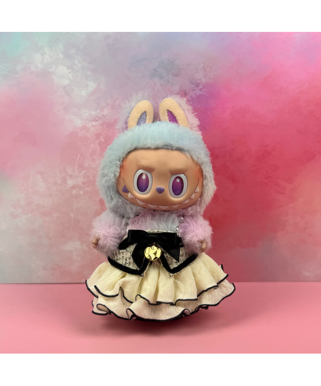 Elegant Belle – 20cm Labubu Outfit (Bunny Hood + Cream Ruffle Skirt)